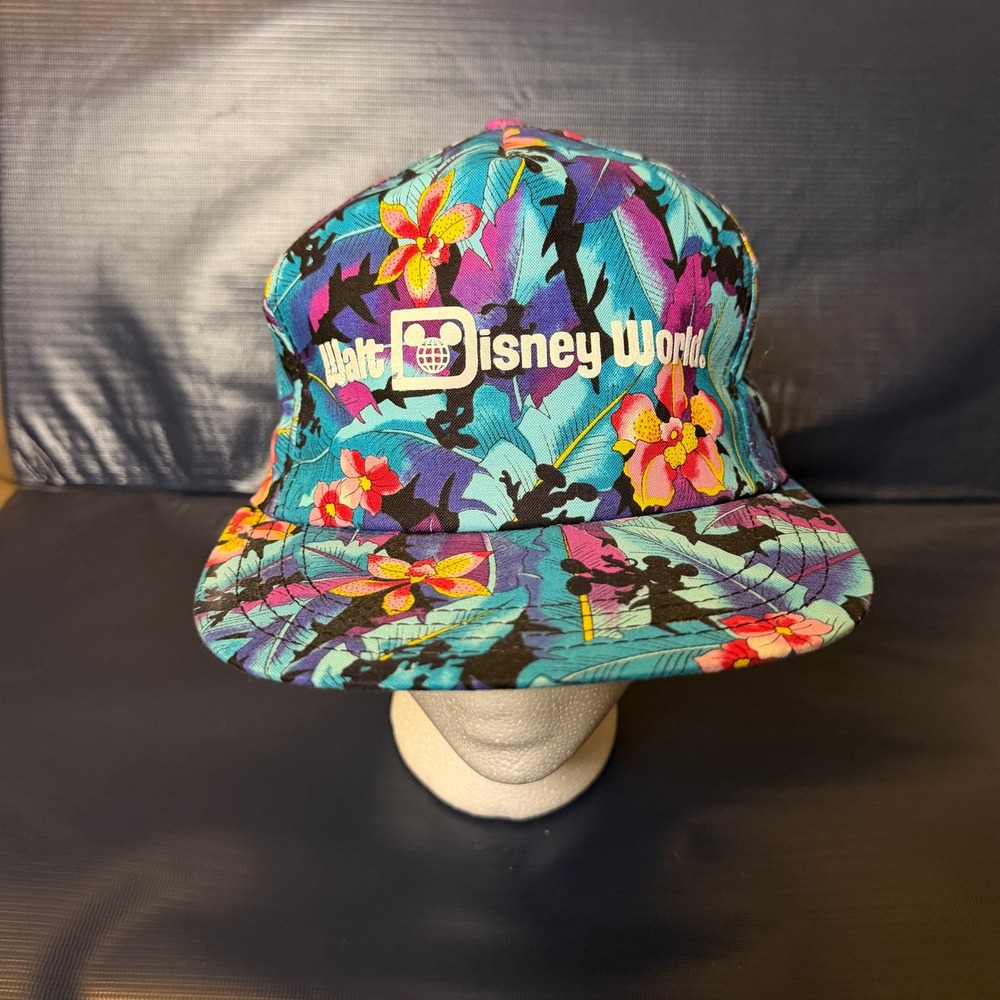 Vintage Walt Disney World Floral Snapback Hat Mickey Mouse Tropical Made in USA